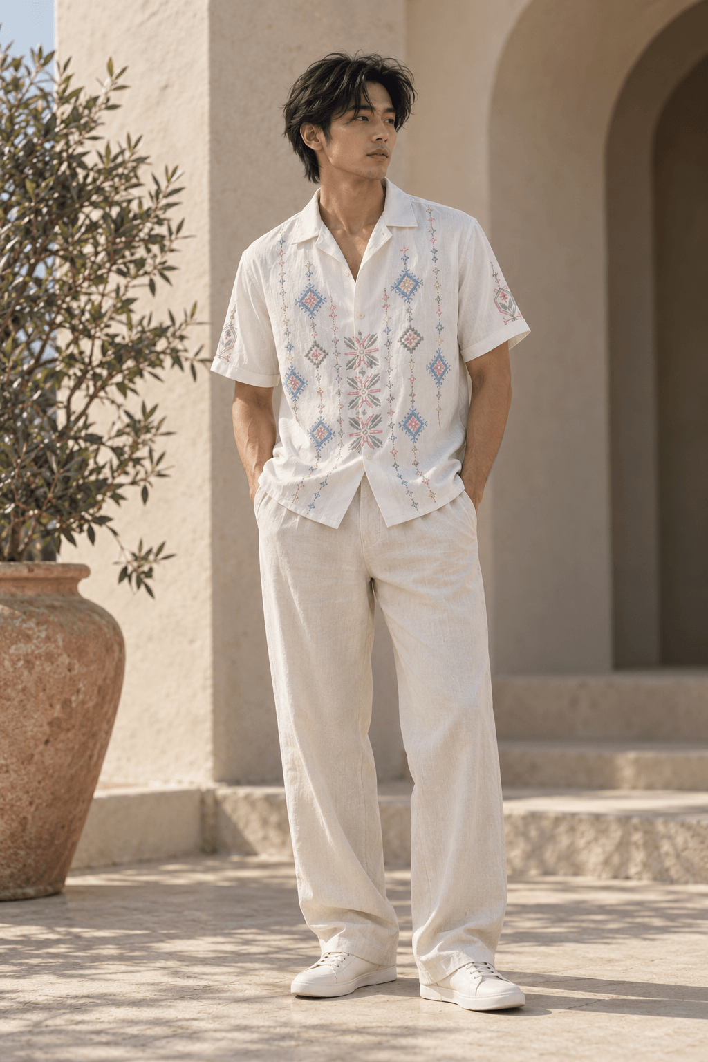 Man wearing a cream embroidered camp-collar shirt and linen trousers beside a terracotta planter.