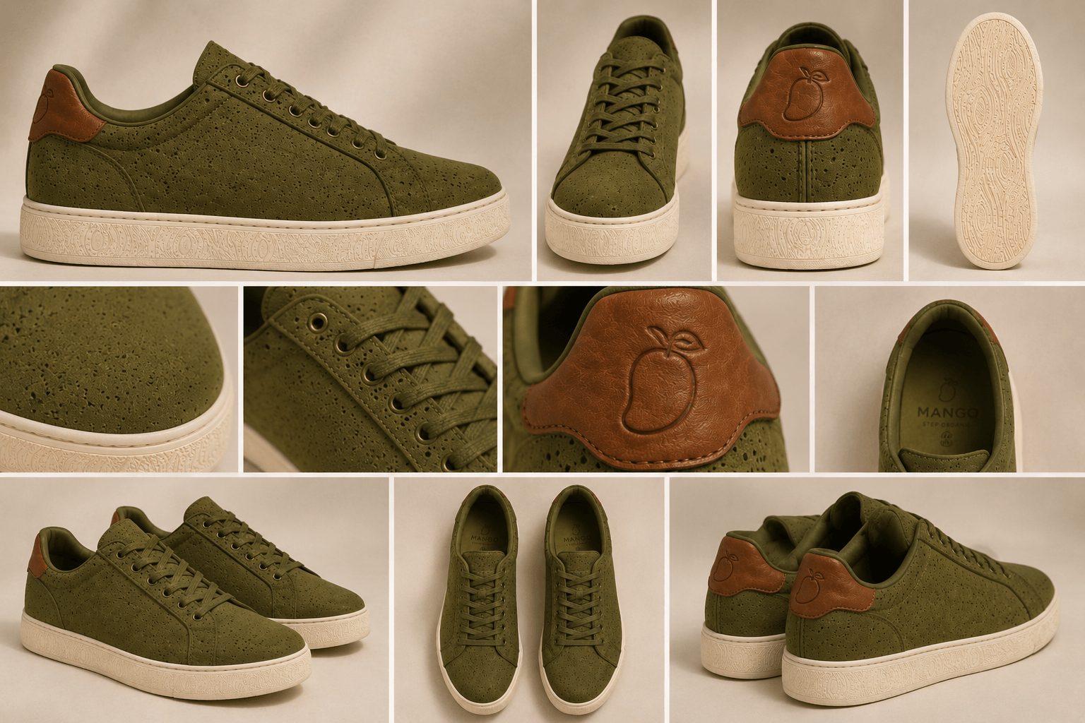 Olive perforated AAMRA court sneaker with a brown mango-embossed heel tab, shown as a product contact sheet.