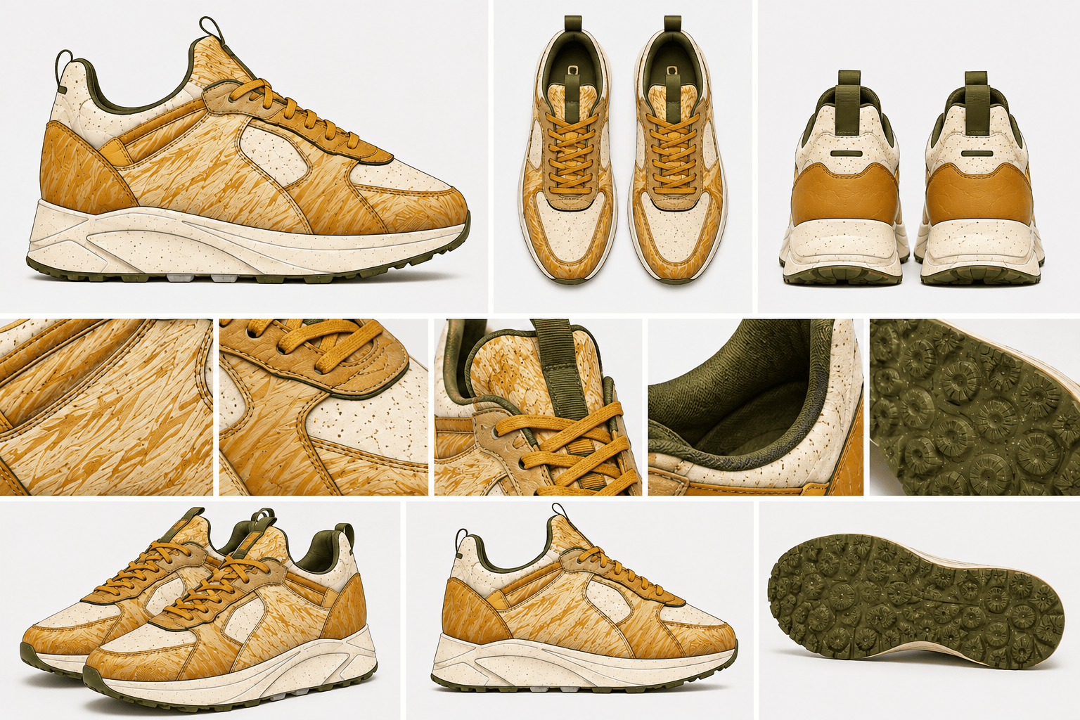 Mustard and cream AAMRA sneaker contact sheet with mango-wood texture and outsole studies.