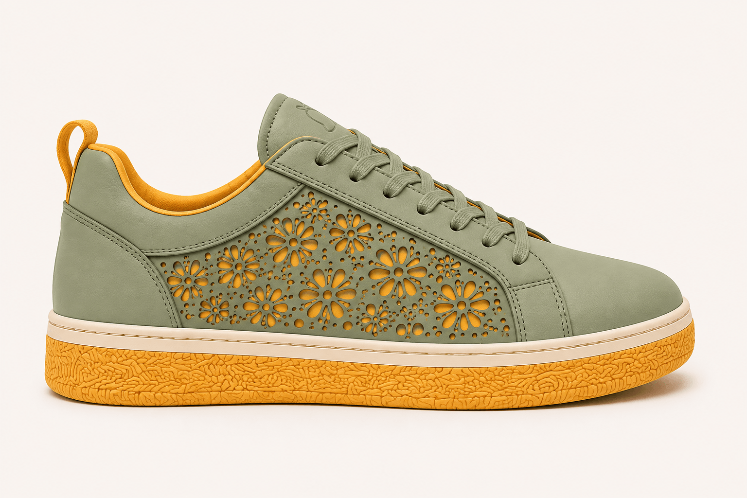 Pale green AAMRA sneaker with yellow floral perforation and a textured mango-yellow sole.