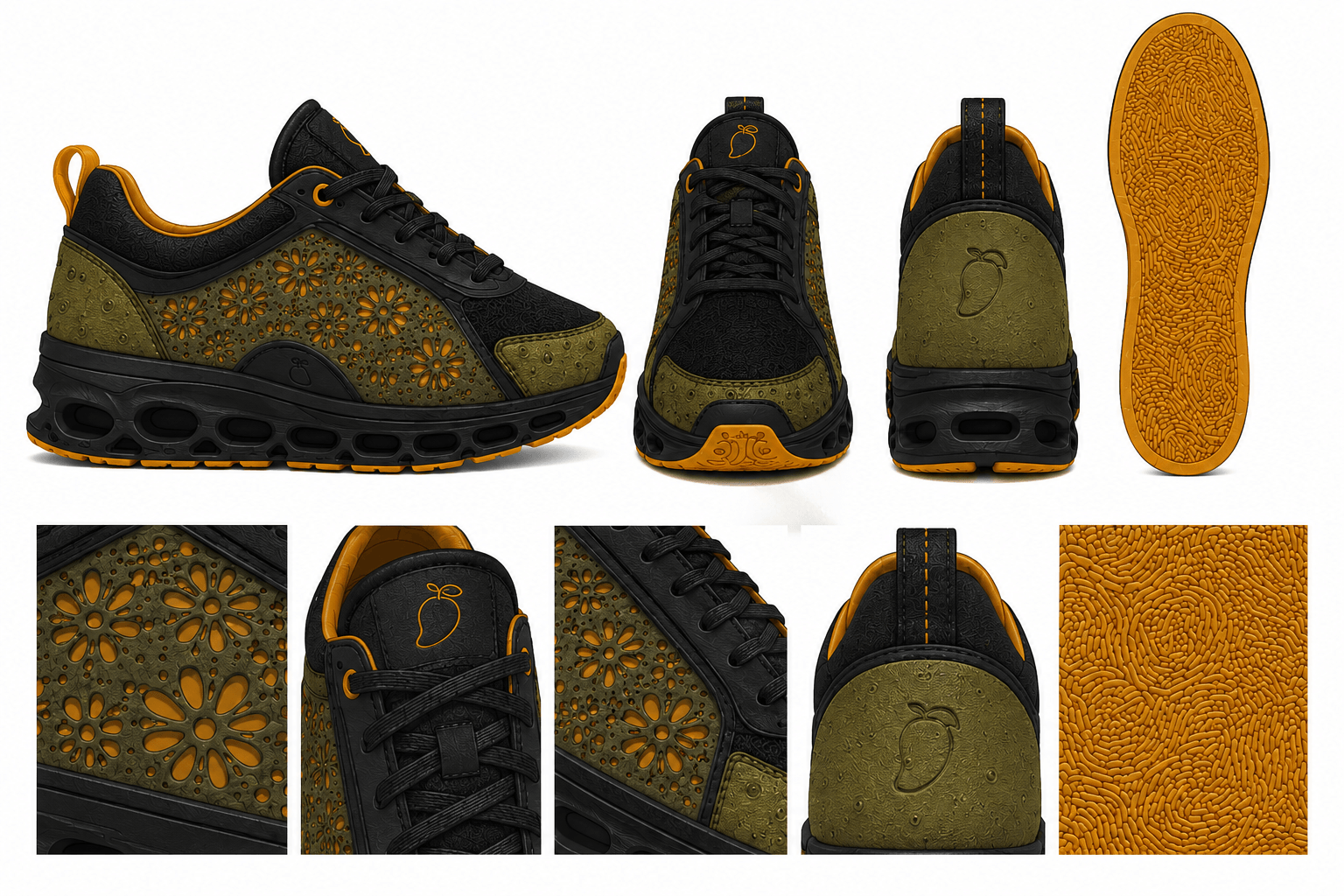 Black, olive and mango AAMRA sneaker technical sheet with floral perforation, mango heel mark and outsole grain.