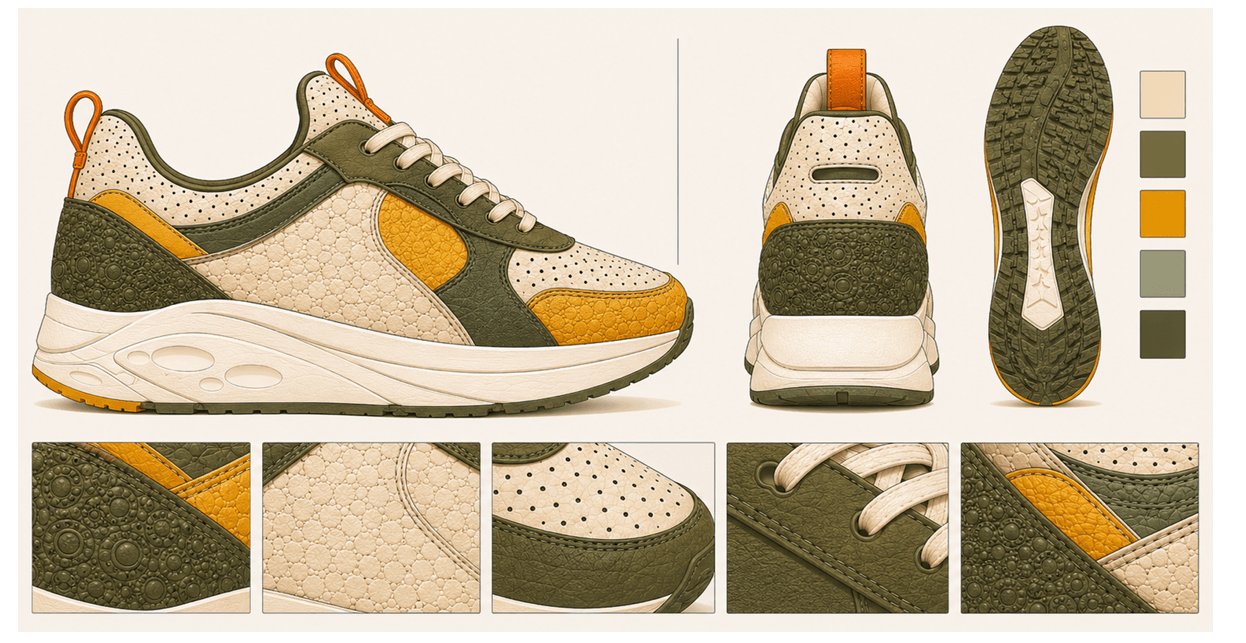 Cream, olive and mustard AAMRA sneaker technical sheet with colour palette and material details.