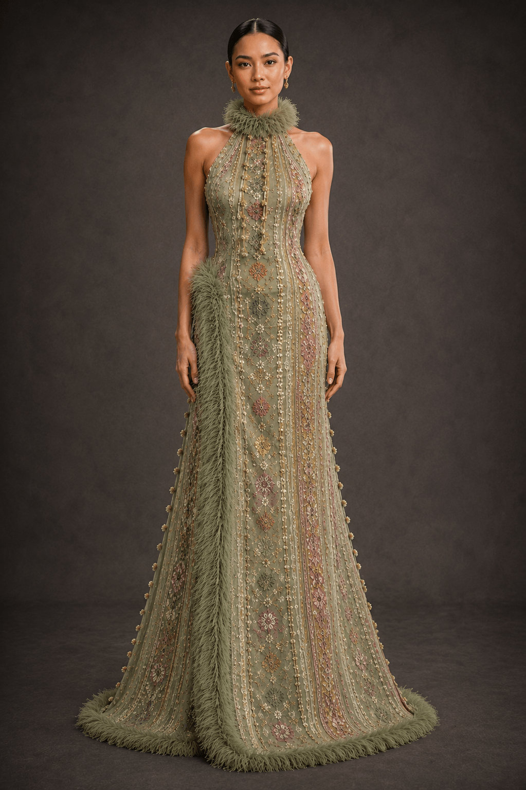 Model wearing a floor-length sage green embroidered haute couture gown.