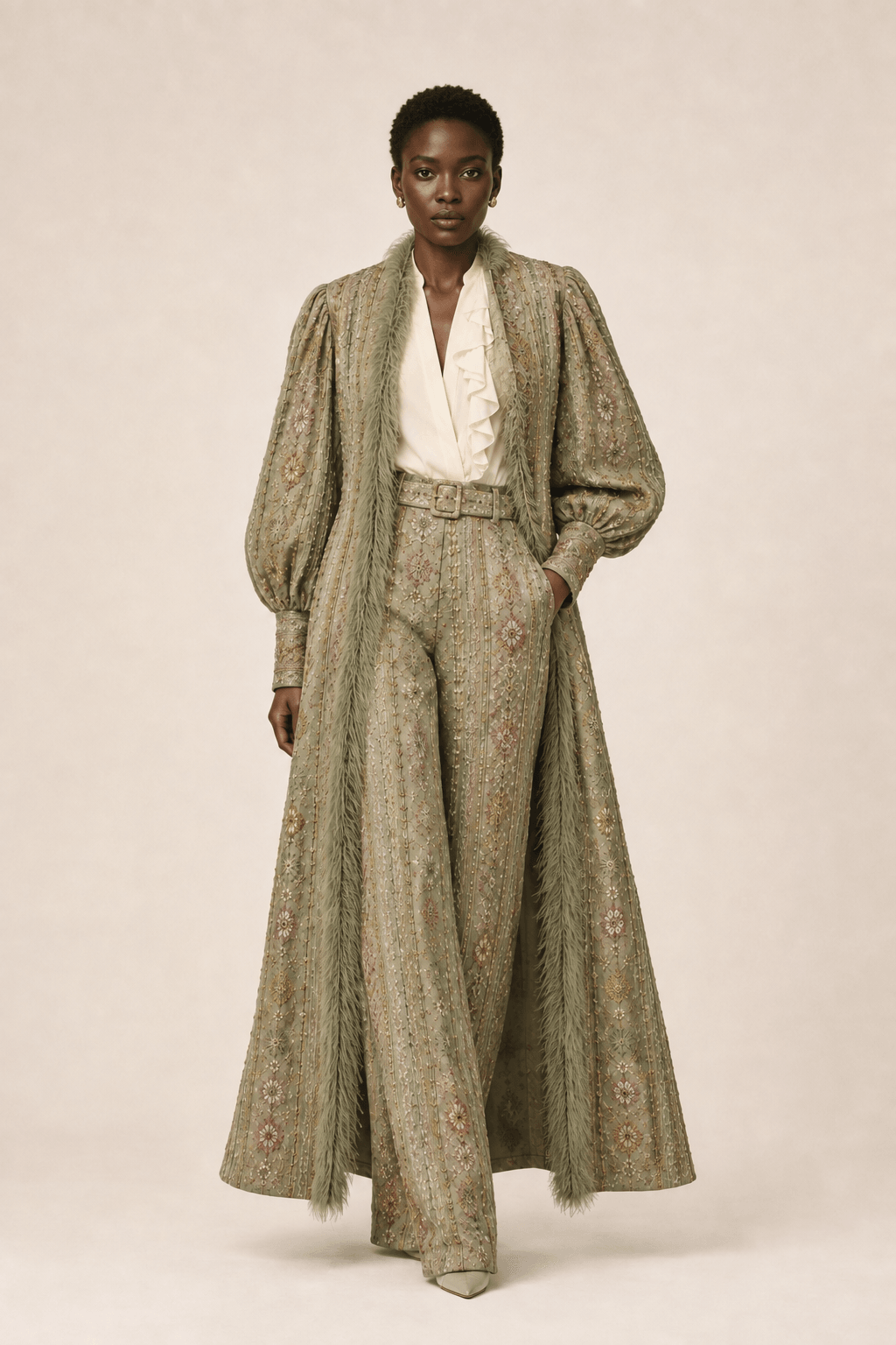 Model wearing an embroidered sage coat with feather trim over a cream blouse and matching wide-leg trousers.
