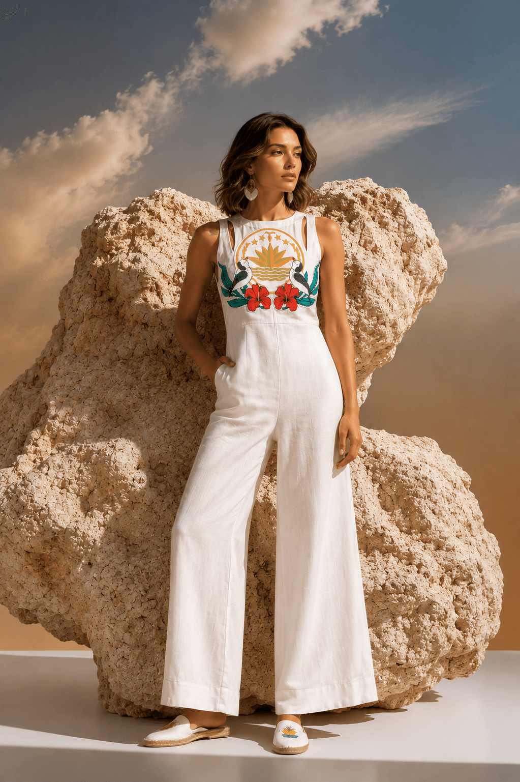 Model wearing a white jumpsuit with colourful heritage motifs beside a sculptural rock formation.