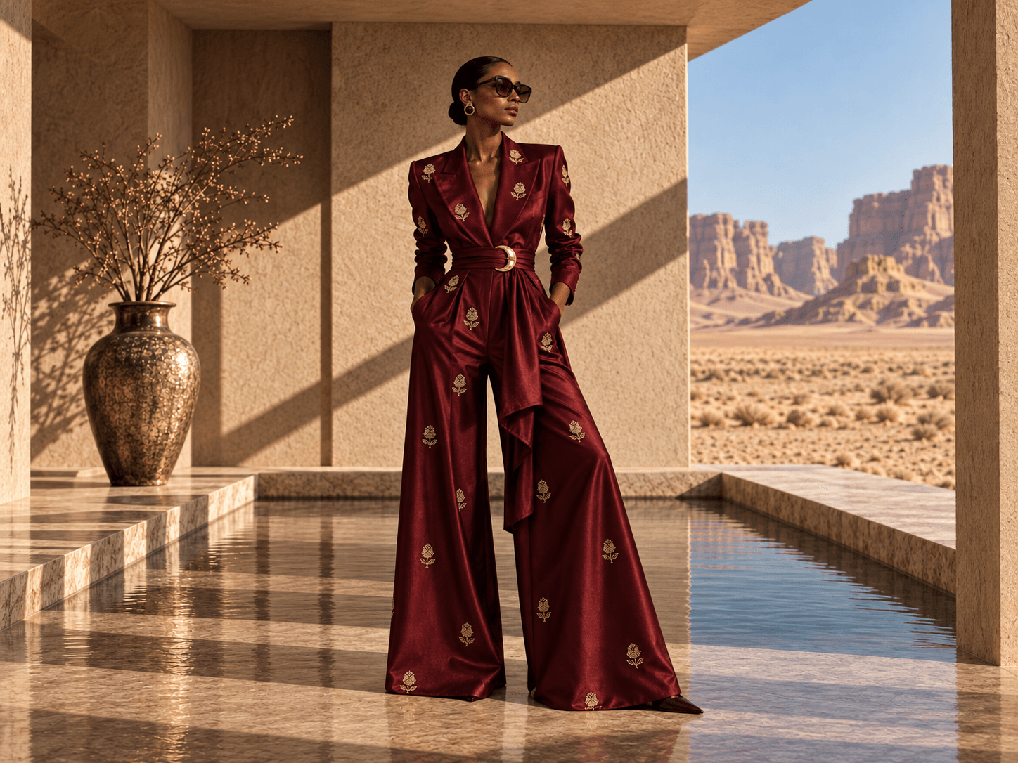 Woman wearing an oxblood Benarasi jumpsuit with gold buta motifs and a crescent belt, standing beside a reflecting pool.