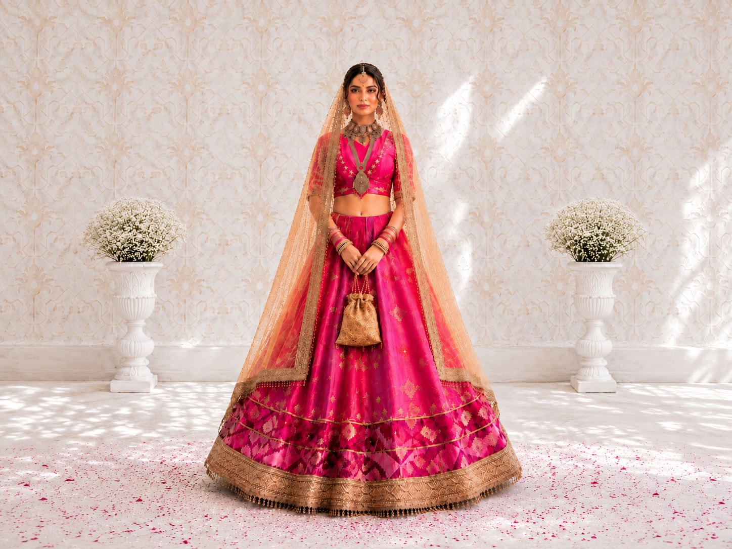Bride wearing a magenta and gold Noor-e-Jamdani lehenga with a sheer gold dupatta, standing between white urns of flowers.