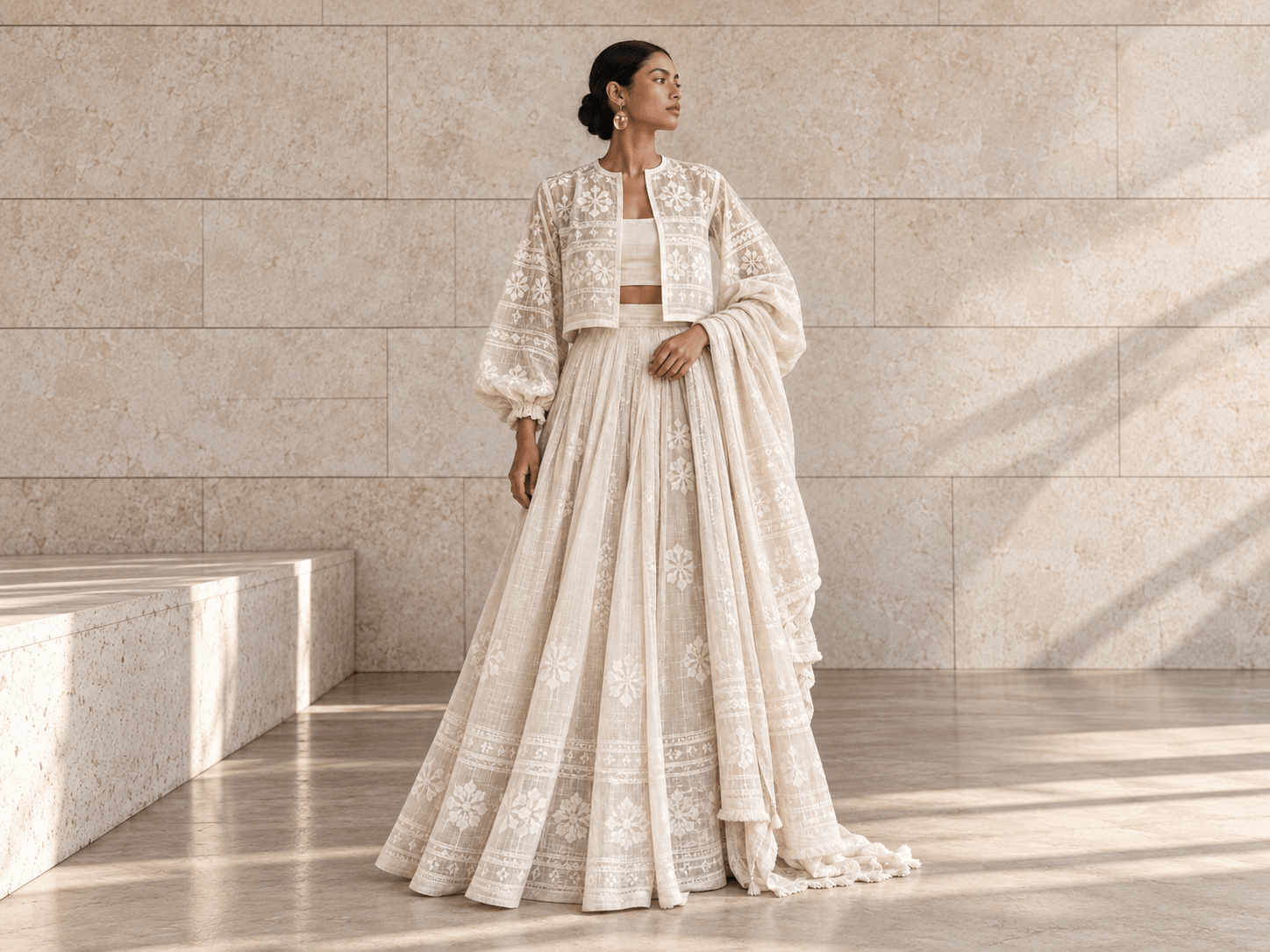 Woman wearing an ivory muslin lehenga and cropped jacket with white-on-white motifs, standing in a sunlit stone hall.