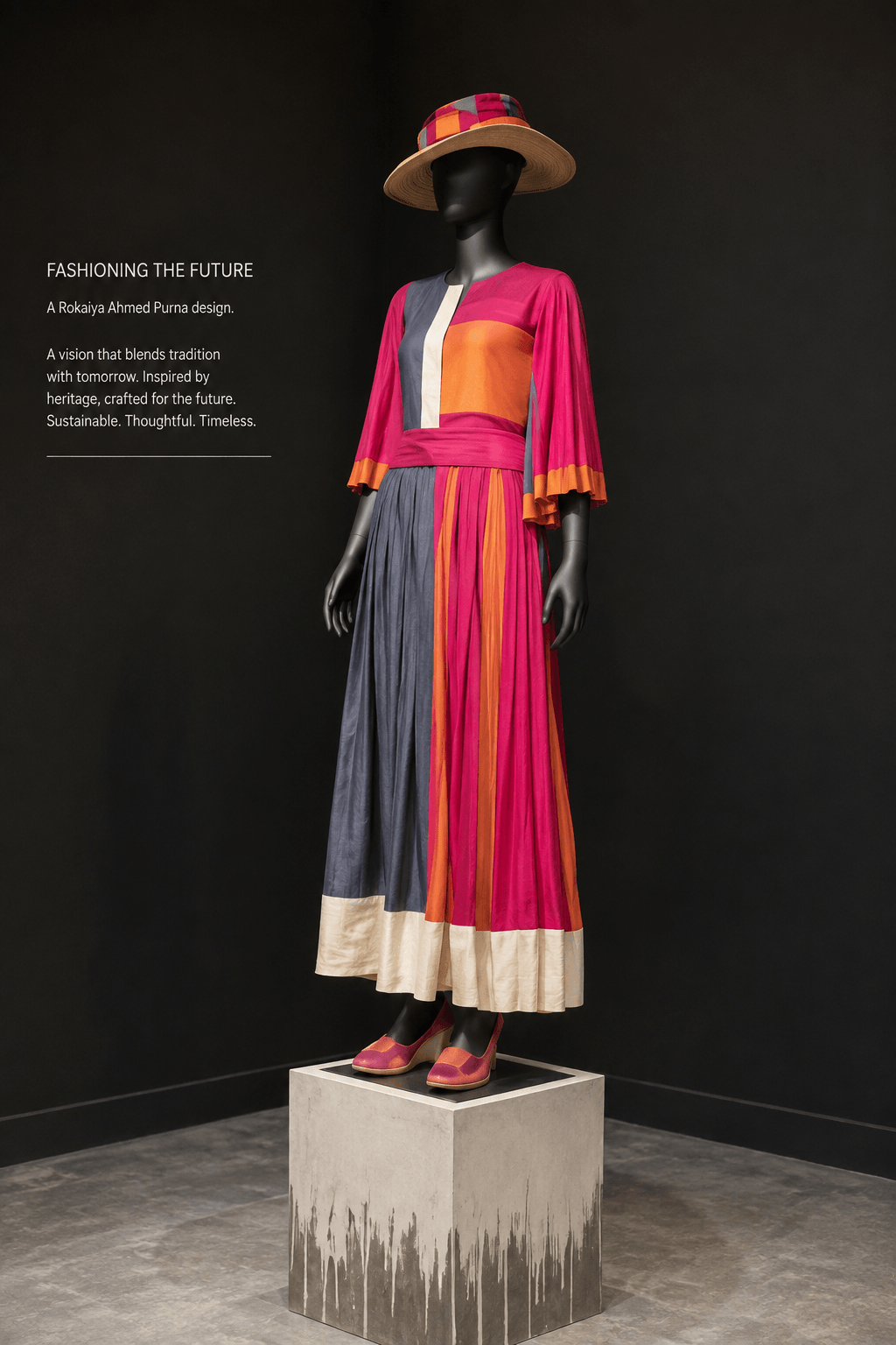 A vivid pink, orange and charcoal RAP dress displayed on a mannequin at Otago Museum.