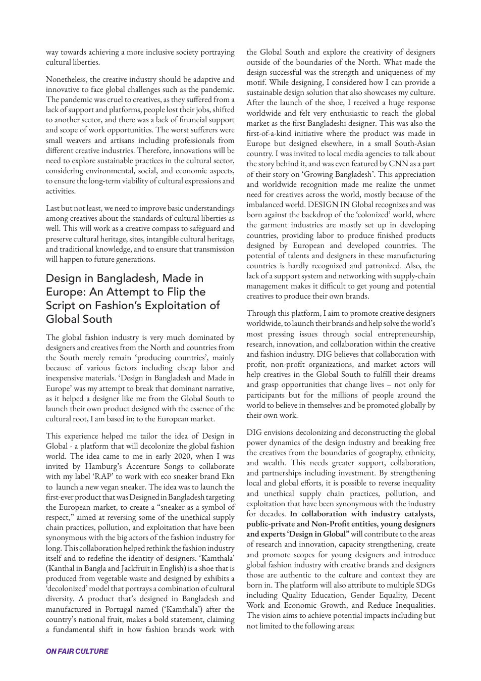 Design in Bangladesh, Made in Europe essay page from the Fair Culture journal.