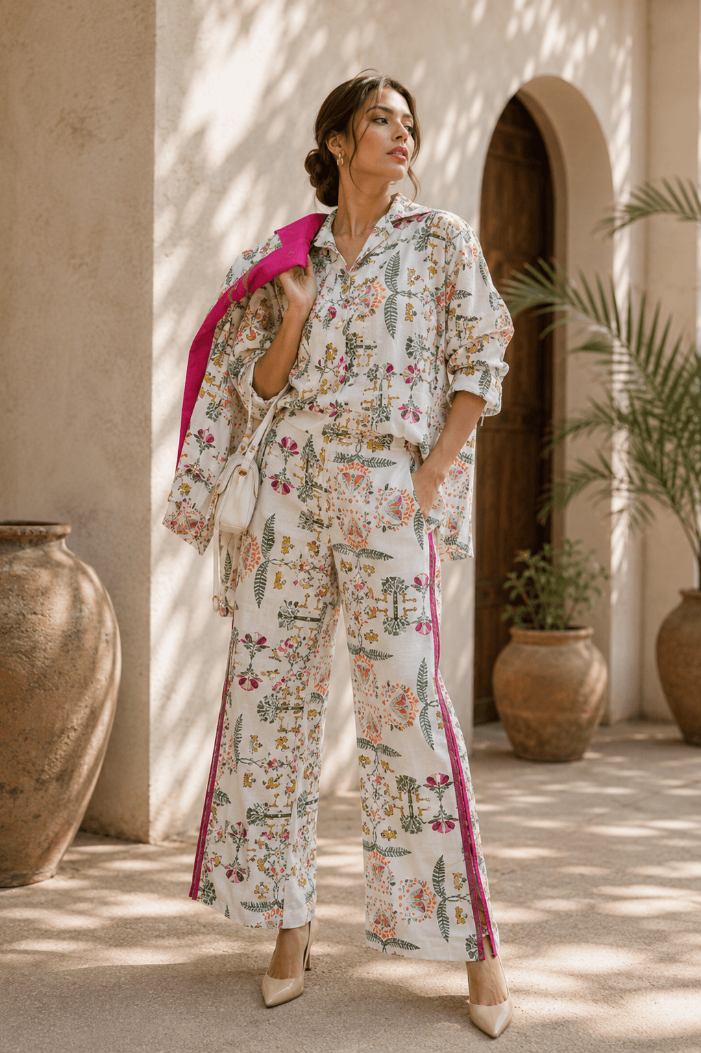 Woman wearing a Sundarban print shirt and wide-leg trousers with magenta side stripes, a magenta jacket over one shoulder.
