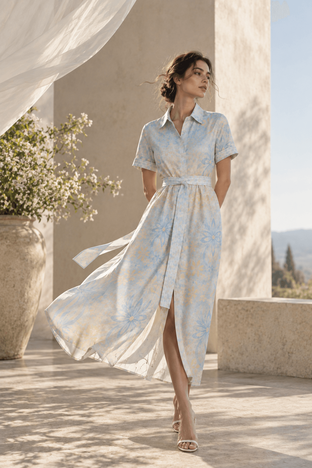 Woman wearing a belted pale floral shirt dress on a sunlit stone terrace.