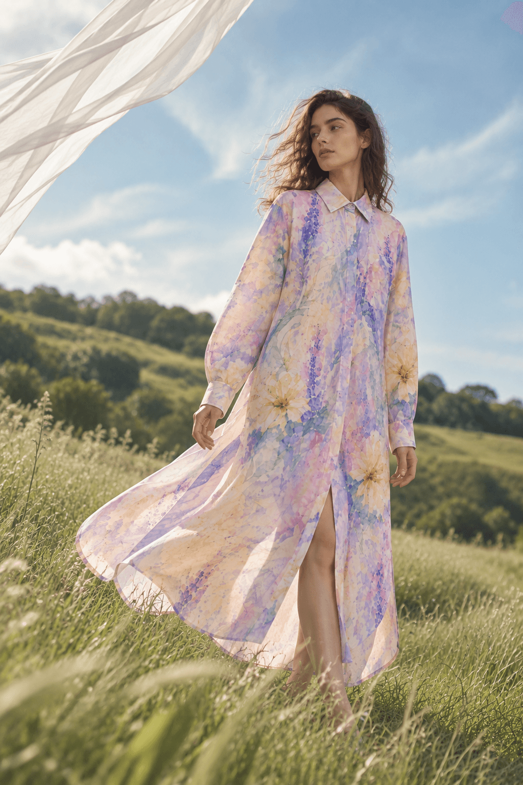 Woman wearing a long watercolor floral shirt dress walking through a meadow.