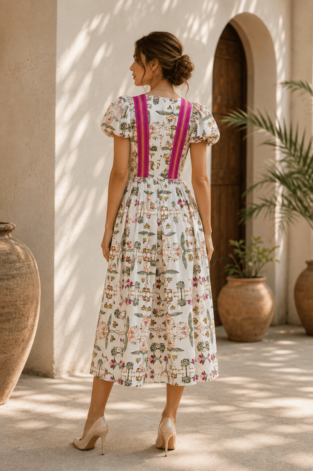 Back view of a puff-sleeve Sundarban print midi dress with magenta braid straps.