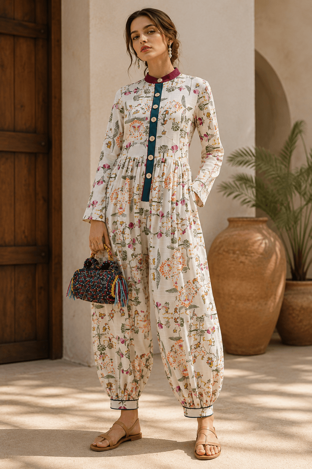 Woman wearing a Sundarban print jumpsuit with a teal button placket and gathered trousers, holding a beaded bag.