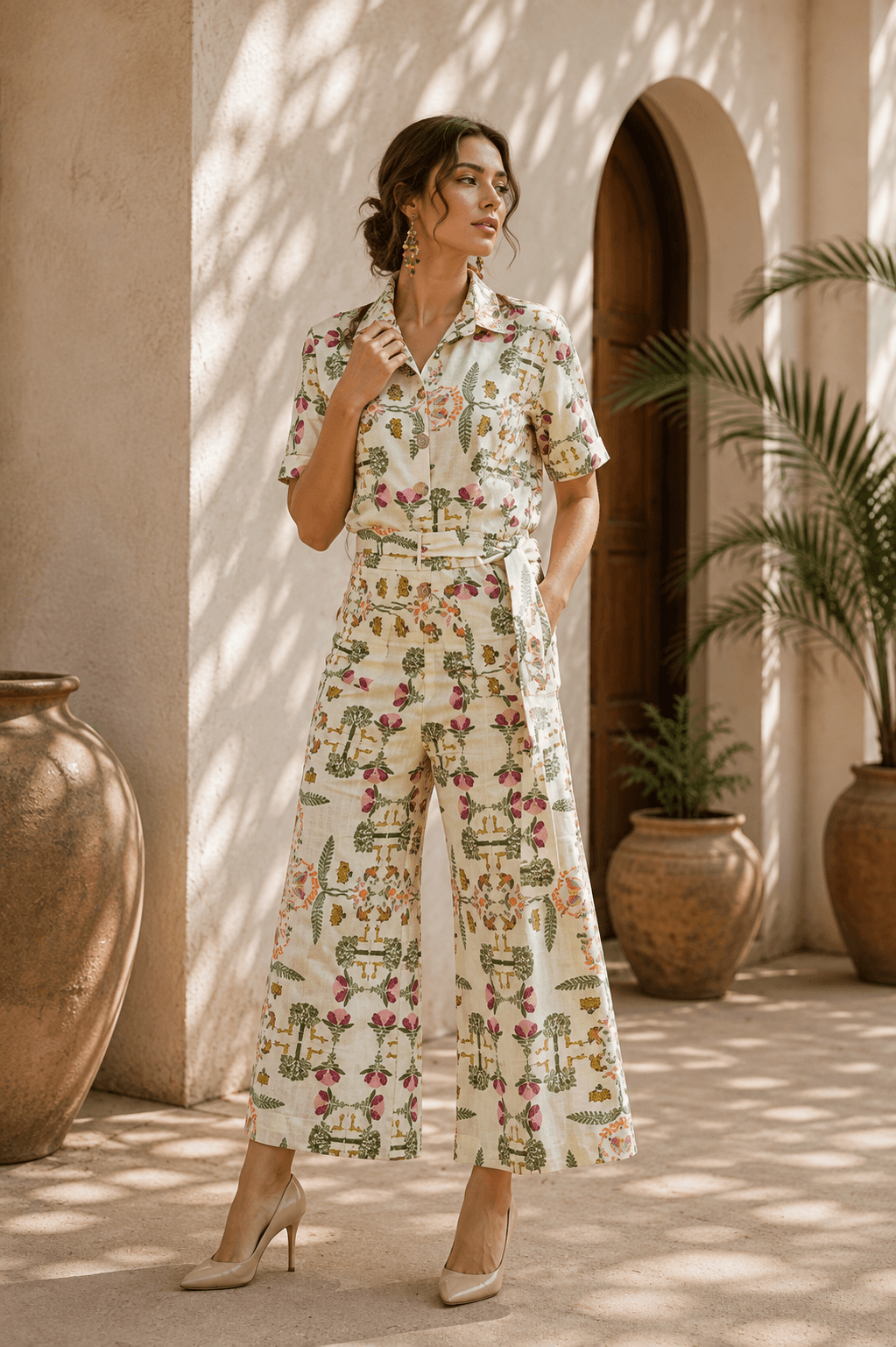 Woman wearing a short-sleeve Sundarban print shirt and belted wide-leg trousers.