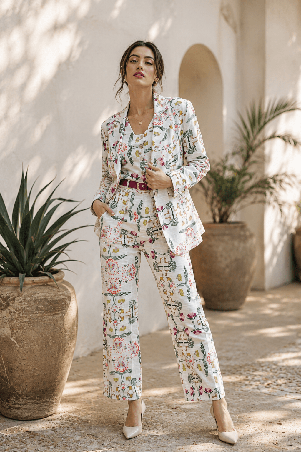 Woman wearing a Sundarban print blazer, waistcoat and trousers with a magenta belt.
