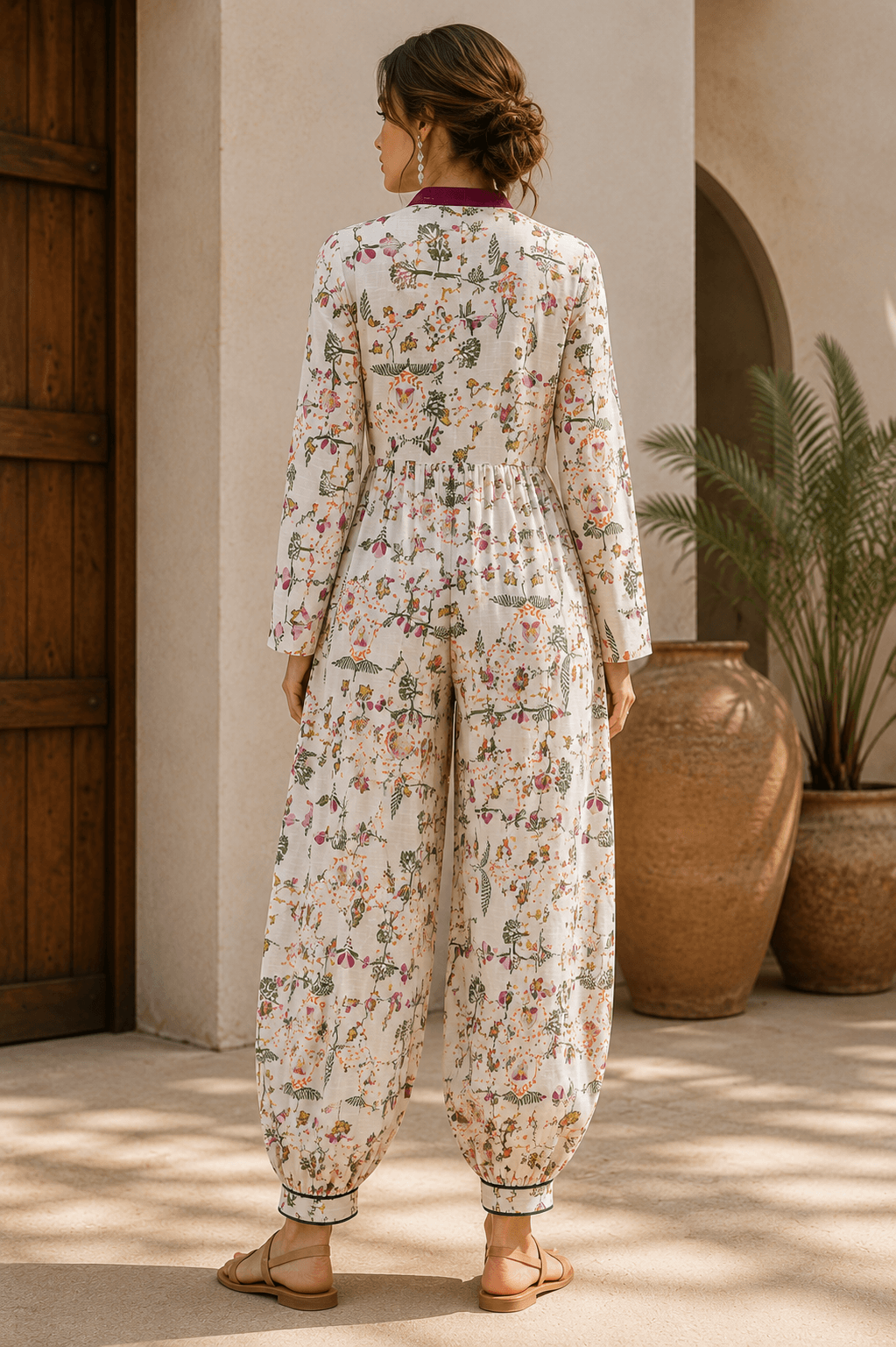 Back view of a Sundarban print jumpsuit with gathered trousers.