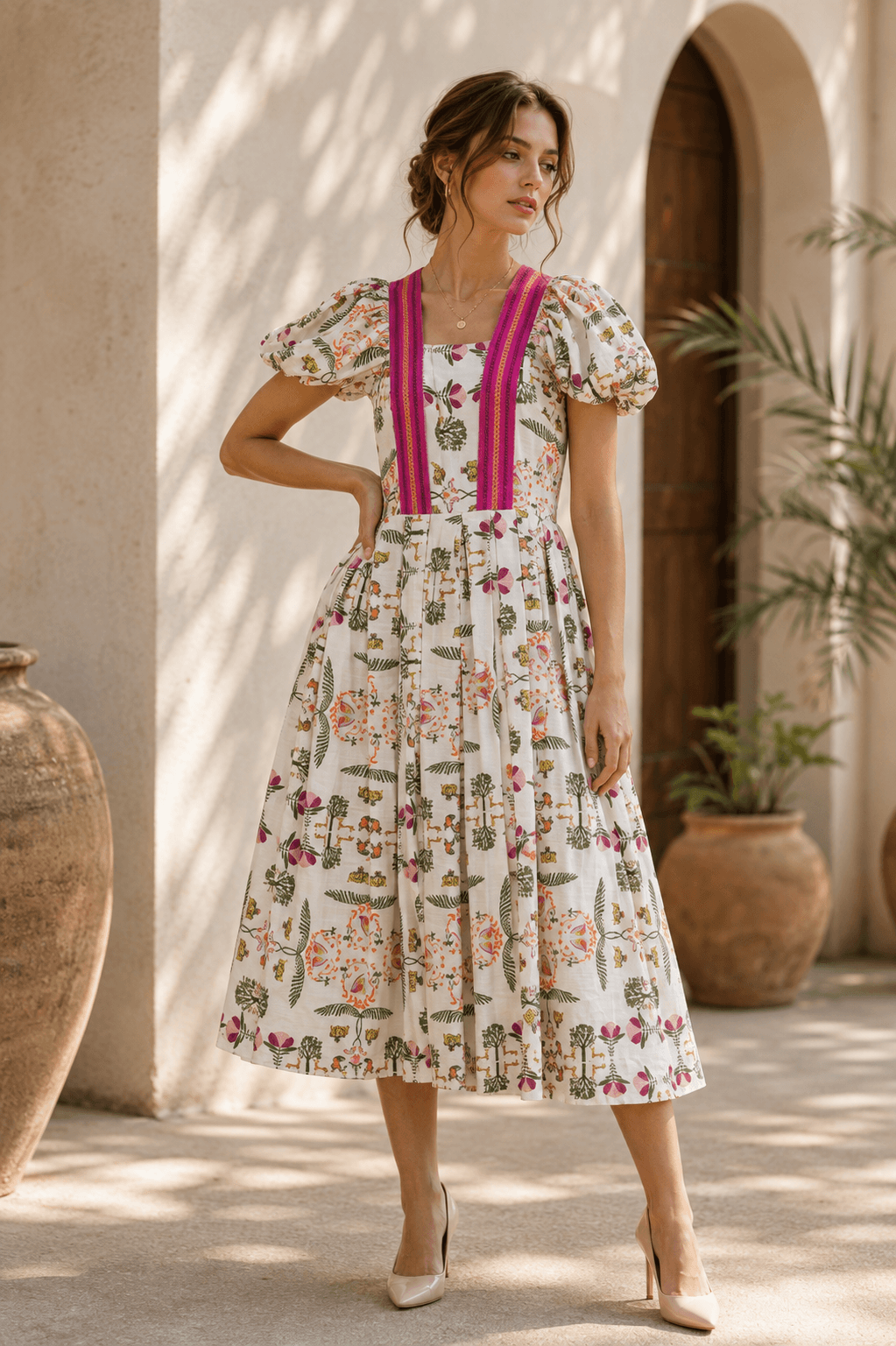 Woman wearing a puff-sleeve Sundarban print midi dress with magenta braid straps.