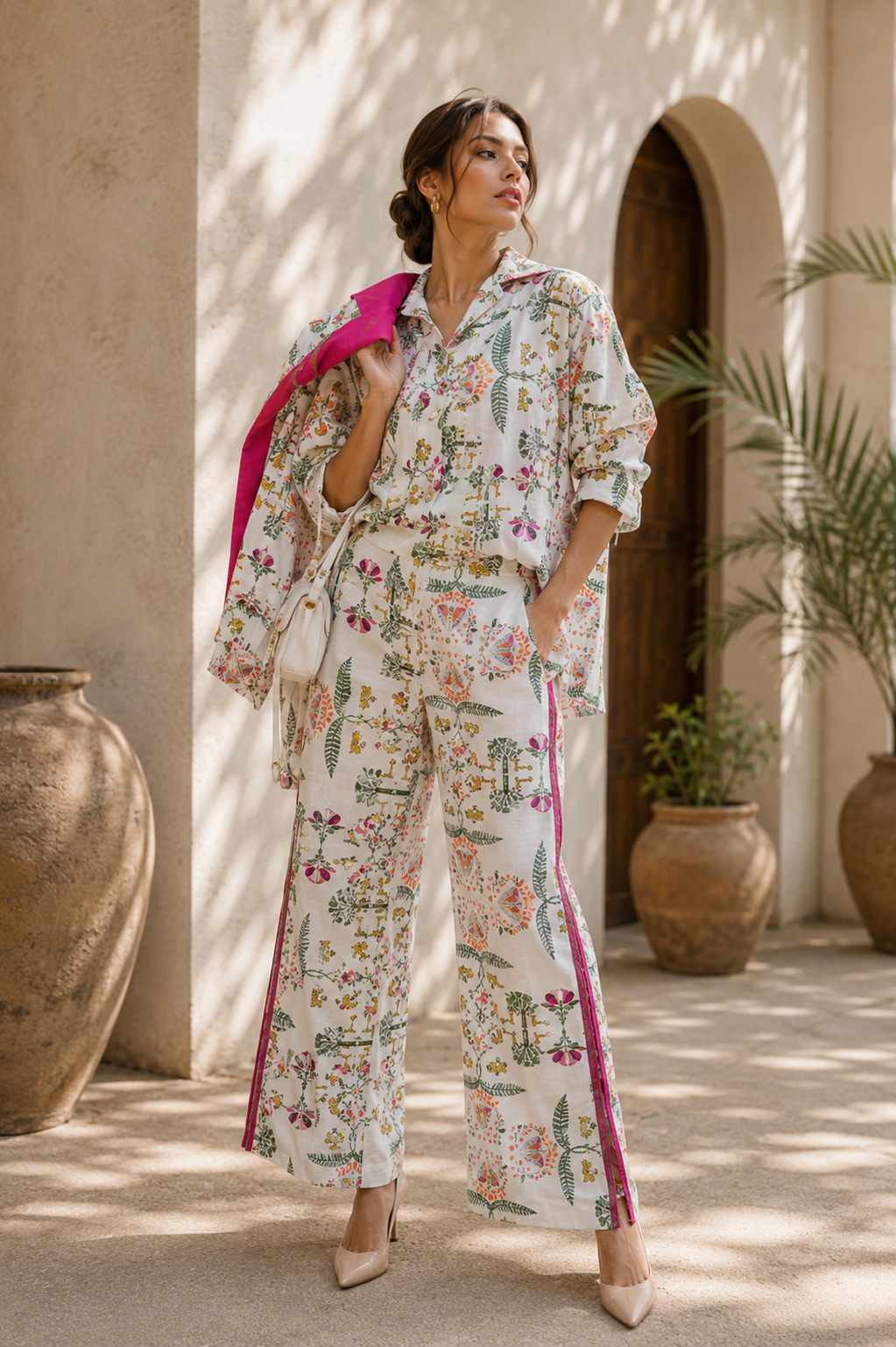 Woman wearing a Sundarban print shirt and wide-leg trousers with magenta side stripes, a magenta jacket over one shoulder.